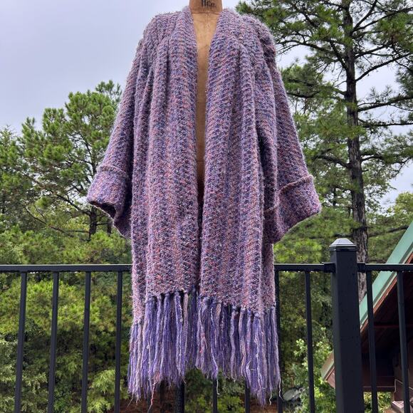 Vintage 70s/80s Chunky Knit Fringe Trim Oversized Kimono Blanket Sweater Robe OS - Picture 1 of 7